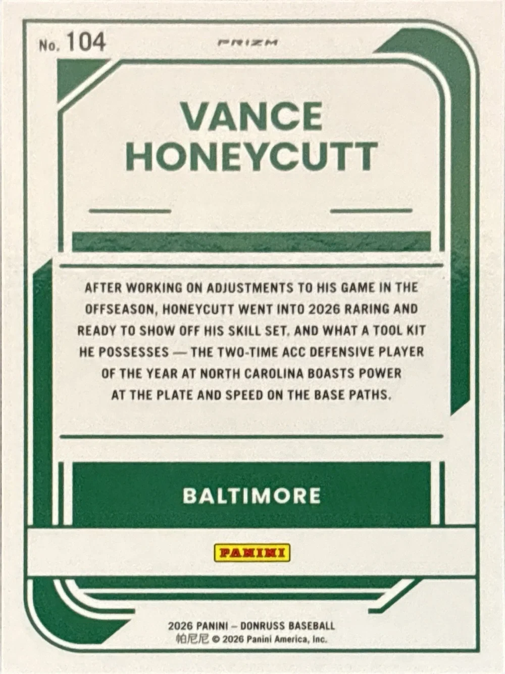 Panini Orange Prizm Vance Honeycutt Rated Prospect Baseball Card